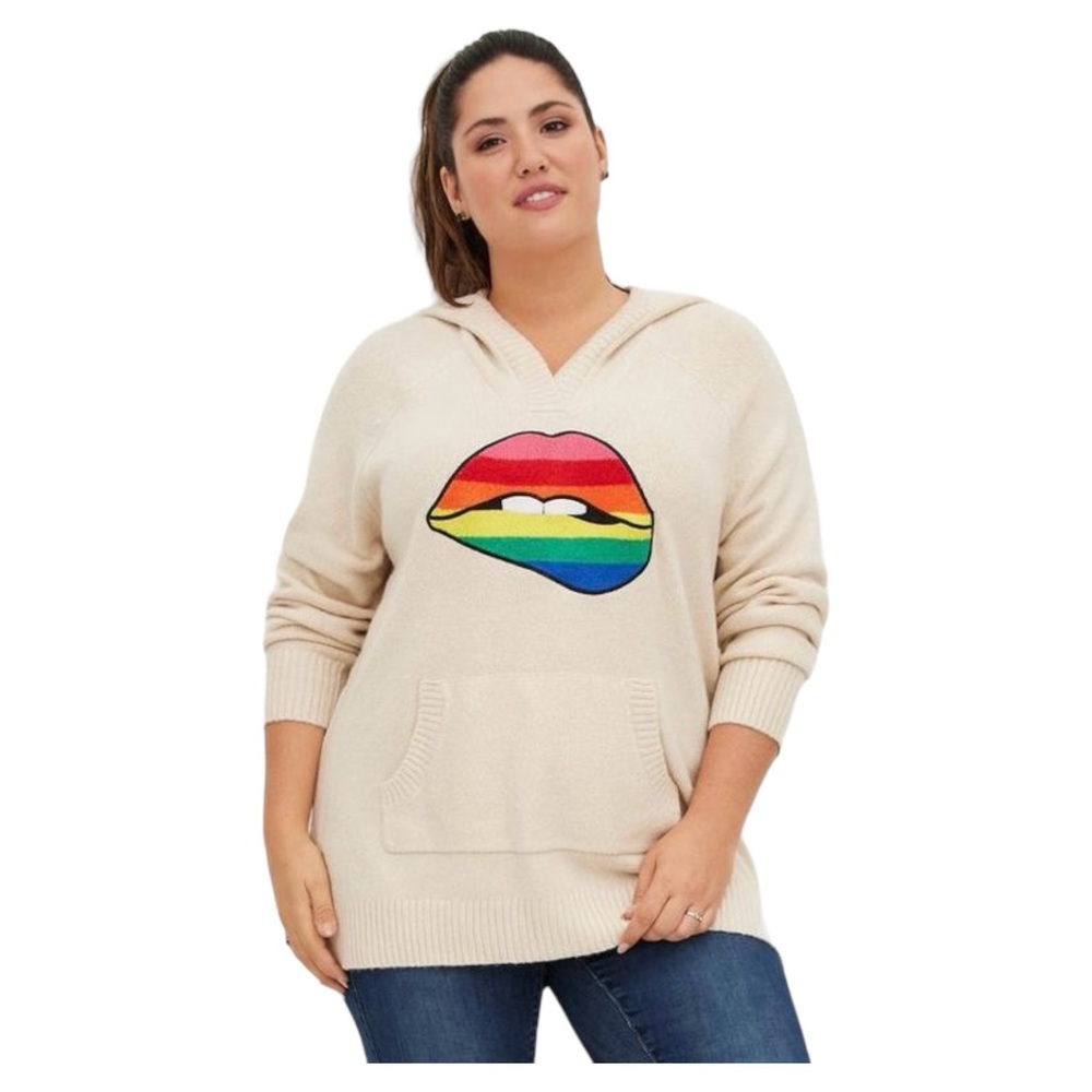 Rainbow Lips Torrid Raglan Sweater Hoodie Tan Oatmeal Size 12 Large